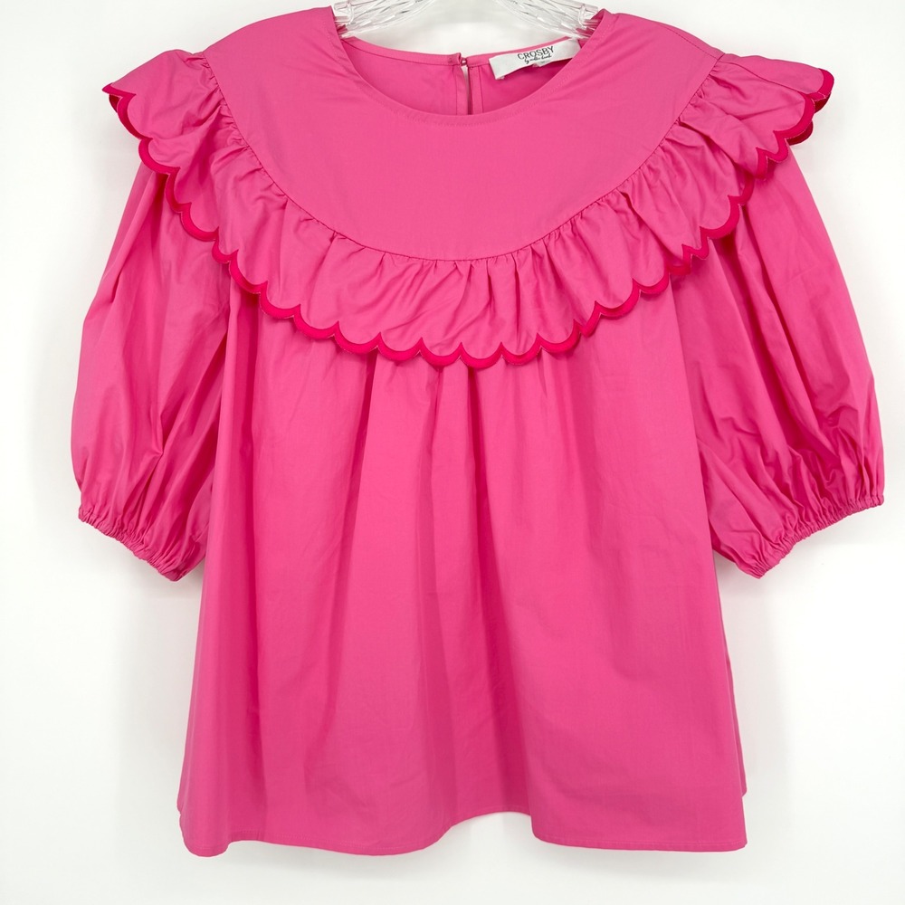 Crosby by Mollie Burch Fritzy Blouse Pink Ruffle Scalloped Collar Puff Sleeve L